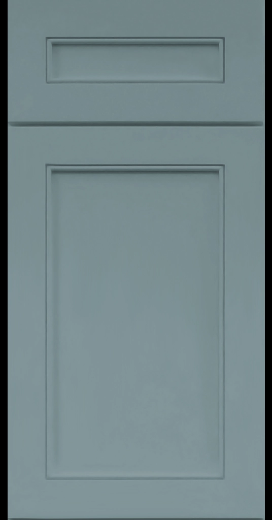 Alpine-style mitered shaker cabinet in Sage with a flat center panel and inside bead detail.